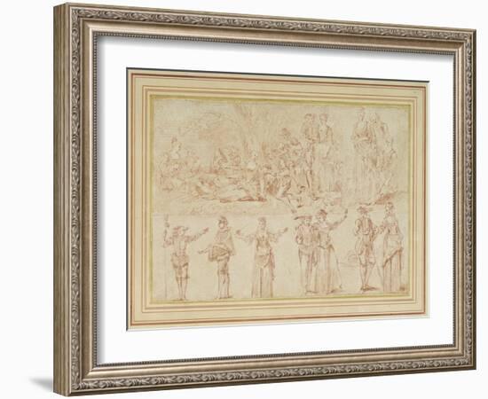 Two Fetes Galantes and Studies of Single Figures and Pairs (Red Chalk on Paper)-Pierre-Antoine Quillard-Framed Giclee Print