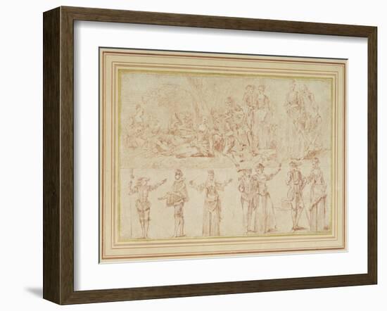 Two Fetes Galantes and Studies of Single Figures and Pairs (Red Chalk on Paper)-Pierre-Antoine Quillard-Framed Giclee Print