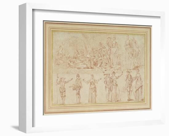 Two Fetes Galantes and Studies of Single Figures and Pairs (Red Chalk on Paper)-Pierre-Antoine Quillard-Framed Giclee Print