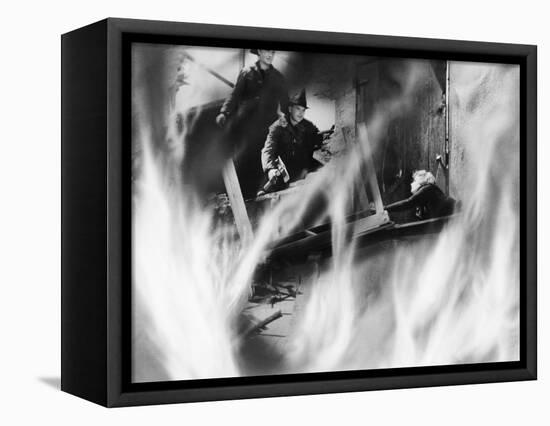 Two Fire Fighters Rescuing a Woman-null-Framed Stretched Canvas