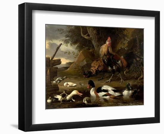 Two Fowls and Ducks on a Pond (Oil on Canvas)-Melchior de Hondecoeter-Framed Giclee Print