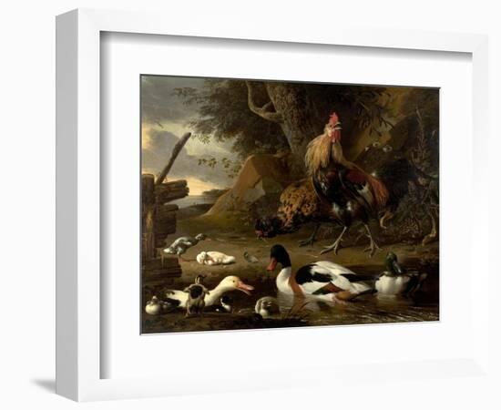 Two Fowls and Ducks on a Pond (Oil on Canvas)-Melchior de Hondecoeter-Framed Giclee Print