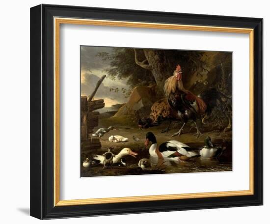 Two Fowls and Ducks on a Pond (Oil on Canvas)-Melchior de Hondecoeter-Framed Giclee Print