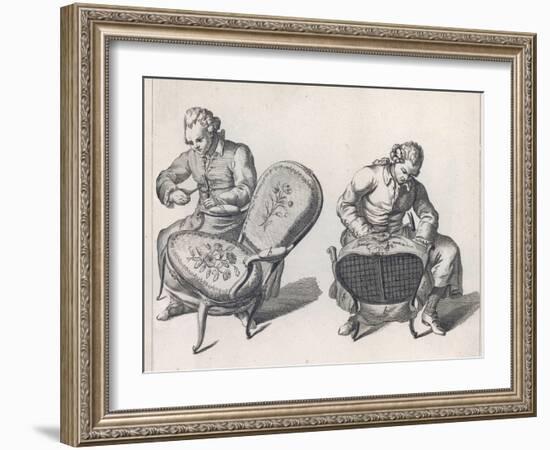 Two French Craftsmen Work on the Elaborate Upholstery on a Pair of Louis XV Style Fauteuils-Benard-Framed Art Print