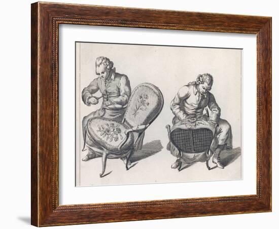 Two French Craftsmen Work on the Elaborate Upholstery on a Pair of Louis XV Style Fauteuils-Benard-Framed Art Print