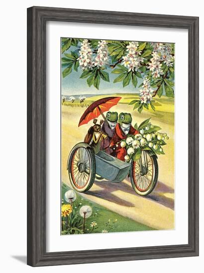 Two Frogs on Motorcycle with Umbrella and Flowers--Framed Art Print