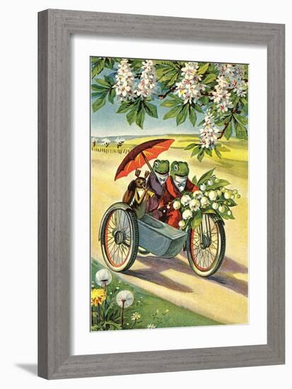 Two Frogs on Motorcycle with Umbrella and Flowers-null-Framed Art Print