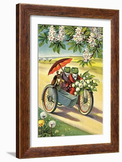 Two Frogs on Motorcycle with Umbrella and Flowers-null-Framed Art Print