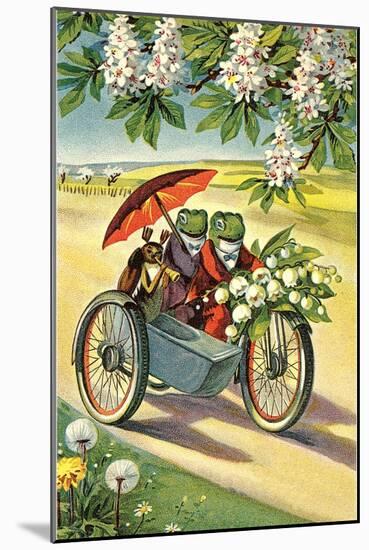Two Frogs on Motorcycle with Umbrella and Flowers-null-Mounted Art Print