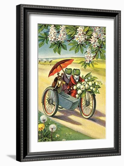 Two Frogs on Motorcycle with Umbrella and Flowers-null-Framed Art Print