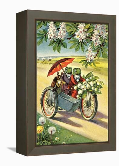 Two Frogs on Motorcycle with Umbrella and Flowers-null-Framed Stretched Canvas