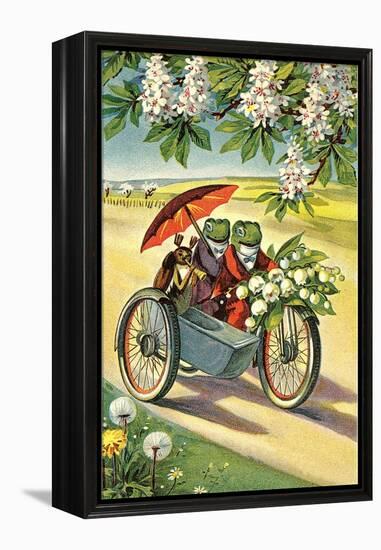 Two Frogs on Motorcycle with Umbrella and Flowers-null-Framed Stretched Canvas