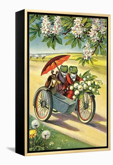 Two Frogs on Motorcycle with Umbrella and Flowers-null-Framed Stretched Canvas