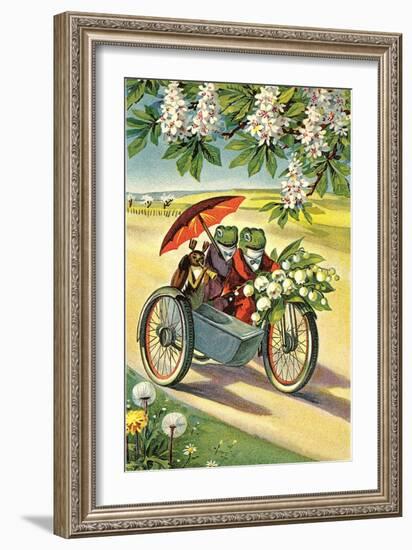 Two Frogs on Motorcycle with Umbrella and Flowers-null-Framed Premium Giclee Print