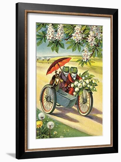 Two Frogs on Motorcycle with Umbrella and Flowers-null-Framed Premium Giclee Print