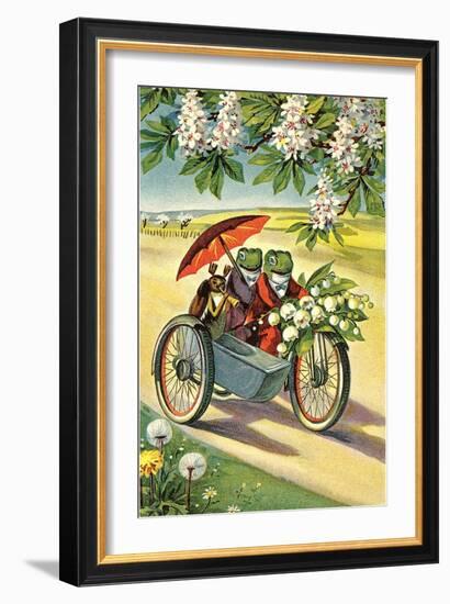 Two Frogs on Motorcycle with Umbrella and Flowers-null-Framed Premium Giclee Print