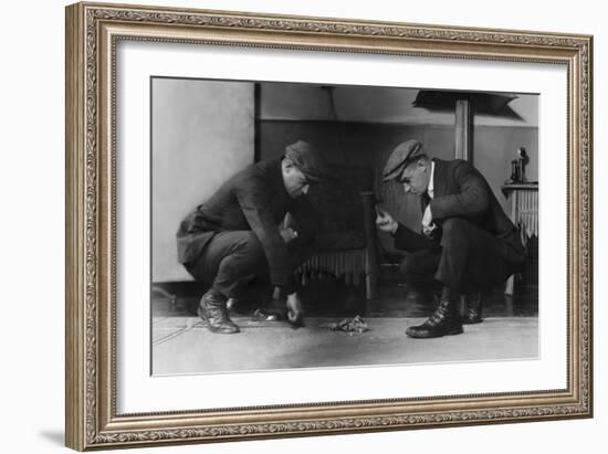 Two Gamblers Throw Craps for Money with Dollars on Floor-null-Framed Art Print