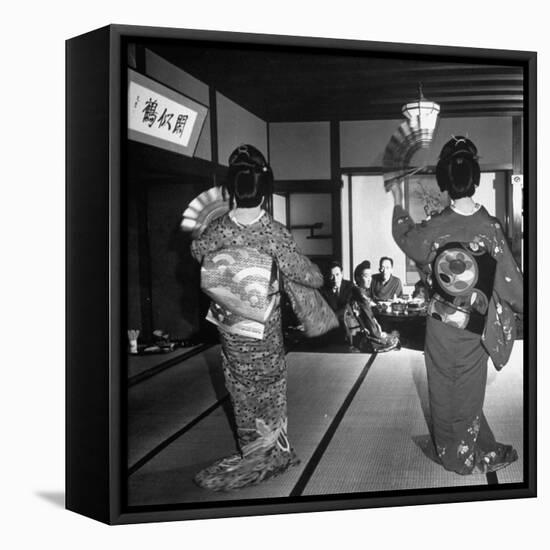 Two Geishas Dancing with Fans on Stage as Guests and Other Geshias Watch from Dinner Table-Alfred Eisenstaedt-Framed Premier Image Canvas