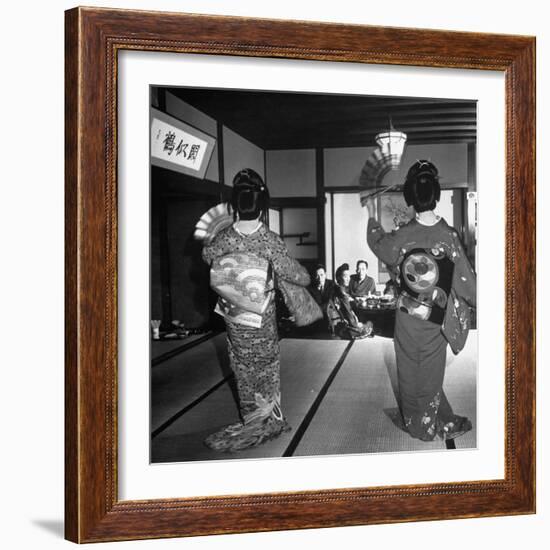 Two Geishas Dancing with Fans on Stage as Guests and Other Geshias Watch from Dinner Table-Alfred Eisenstaedt-Framed Photographic Print