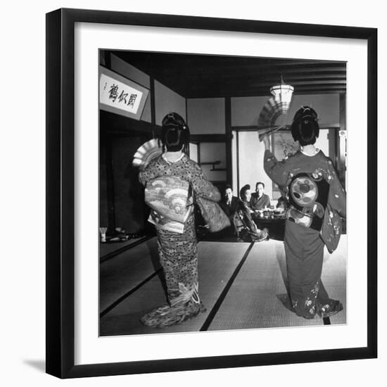 Two Geishas Dancing with Fans on Stage as Guests and Other Geshias Watch from Dinner Table-Alfred Eisenstaedt-Framed Photographic Print