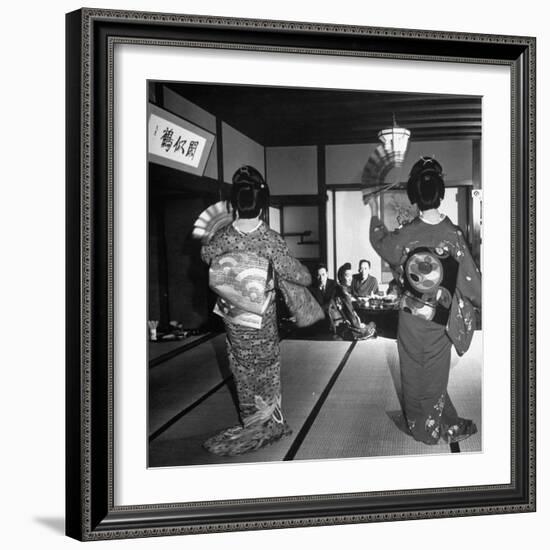 Two Geishas Dancing with Fans on Stage as Guests and Other Geshias Watch from Dinner Table-Alfred Eisenstaedt-Framed Photographic Print