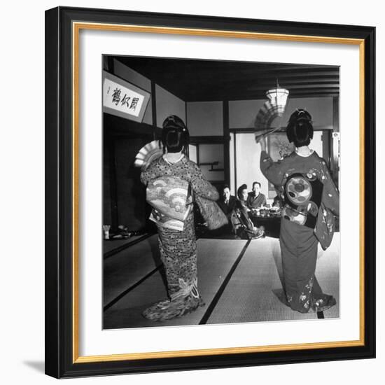 Two Geishas Dancing with Fans on Stage as Guests and Other Geshias Watch from Dinner Table-Alfred Eisenstaedt-Framed Photographic Print