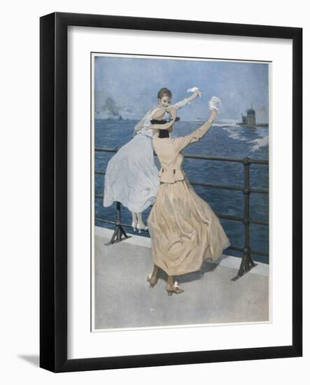 Two German Ladies Wave Farewell to a U-Boat-B. Wennerberg-Framed Art Print