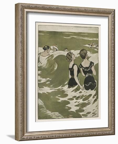 Two German Lady Bathers Watch Other Swimmers Playing in the Waves-Ferdinand Von Reznicek-Framed Art Print