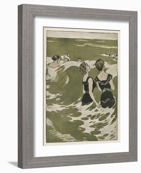 Two German Lady Bathers Watch Other Swimmers Playing in the Waves-Ferdinand Von Reznicek-Framed Art Print