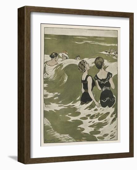 Two German Lady Bathers Watch Other Swimmers Playing in the Waves-Ferdinand Von Reznicek-Framed Art Print
