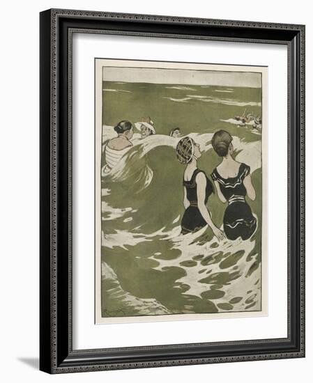 Two German Lady Bathers Watch Other Swimmers Playing in the Waves-Ferdinand Von Reznicek-Framed Art Print