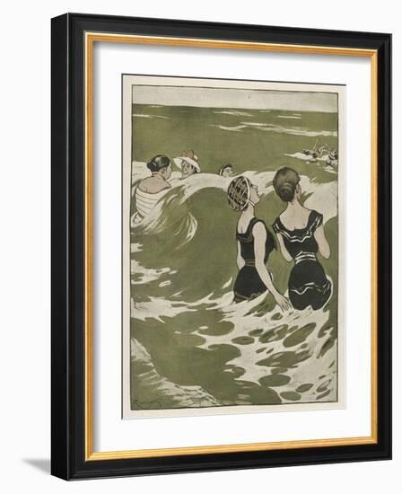 Two German Lady Bathers Watch Other Swimmers Playing in the Waves-Ferdinand Von Reznicek-Framed Art Print