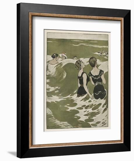 Two German Lady Bathers Watch Other Swimmers Playing in the Waves-Ferdinand Von Reznicek-Framed Art Print