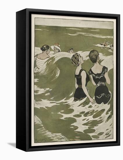 Two German Lady Bathers Watch Other Swimmers Playing in the Waves-Ferdinand Von Reznicek-Framed Stretched Canvas
