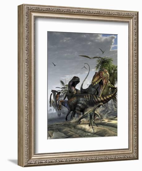 Two Giganotosaurus Trying to Capture a Parasaurolophus-Stocktrek Images-Framed Art Print