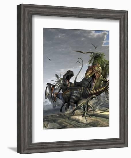 Two Giganotosaurus Trying to Capture a Parasaurolophus-Stocktrek Images-Framed Art Print