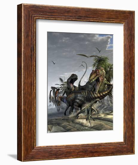 Two Giganotosaurus Trying to Capture a Parasaurolophus-Stocktrek Images-Framed Art Print