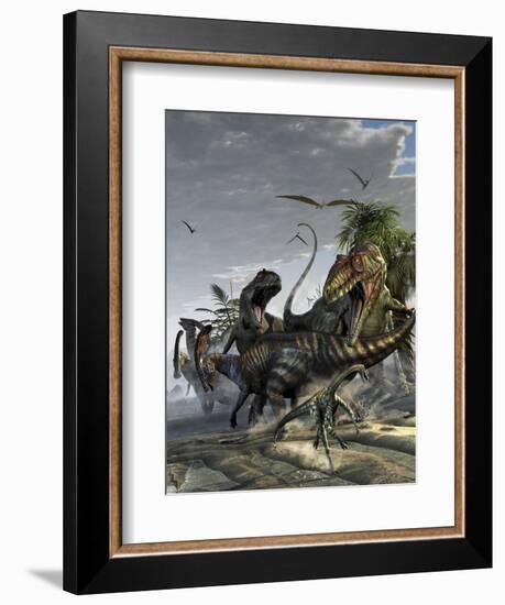 Two Giganotosaurus Trying to Capture a Parasaurolophus-Stocktrek Images-Framed Art Print