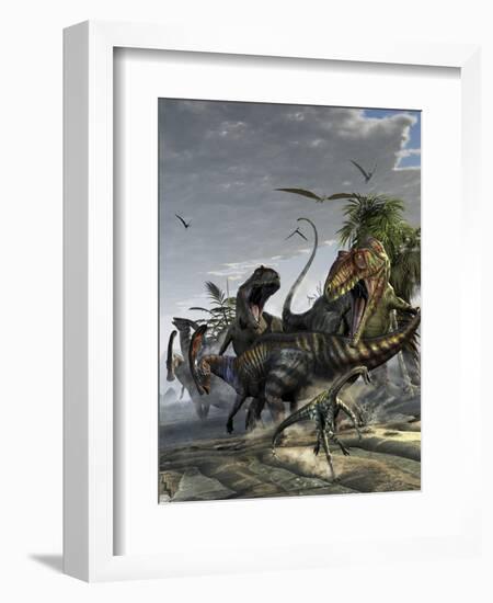 Two Giganotosaurus Trying to Capture a Parasaurolophus-Stocktrek Images-Framed Art Print