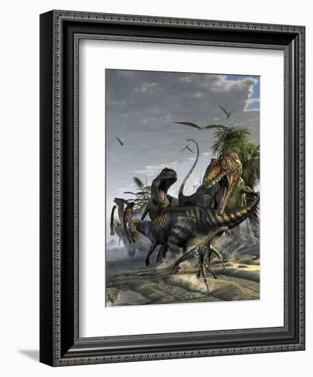 Two Giganotosaurus Trying to Capture a Parasaurolophus-Stocktrek Images-Framed Art Print