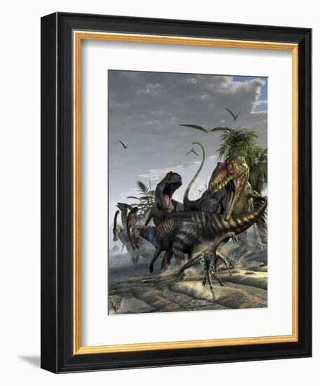 Two Giganotosaurus Trying to Capture a Parasaurolophus-Stocktrek Images-Framed Art Print