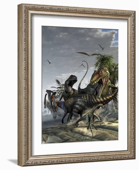 Two Giganotosaurus Trying to Capture a Parasaurolophus-Stocktrek Images-Framed Art Print