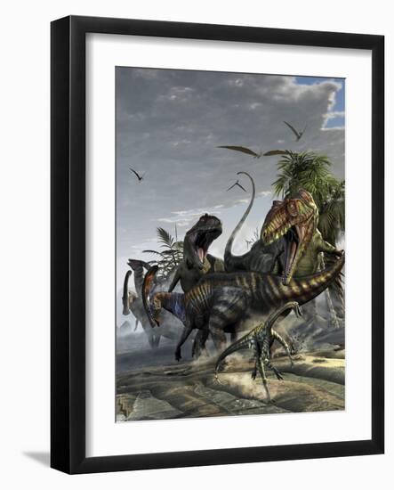 Two Giganotosaurus Trying to Capture a Parasaurolophus-Stocktrek Images-Framed Art Print