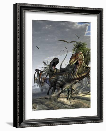 Two Giganotosaurus Trying to Capture a Parasaurolophus-Stocktrek Images-Framed Art Print