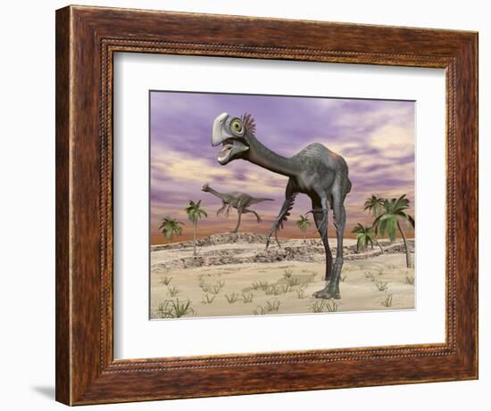 Two Gigantoraptor Dinosaurs Walking in the Desert-null-Framed Premium Giclee Print
