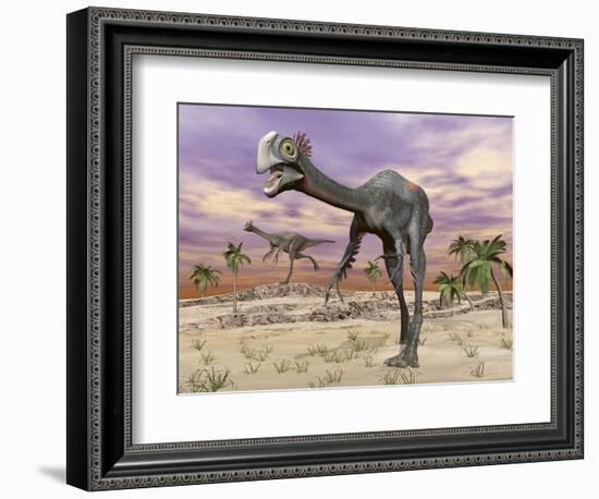 Two Gigantoraptor Dinosaurs Walking in the Desert-null-Framed Premium Giclee Print