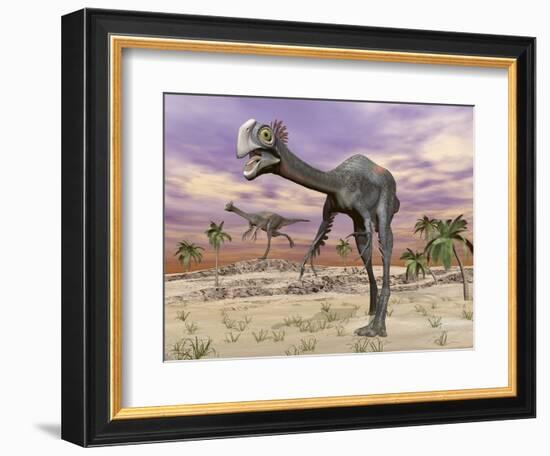 Two Gigantoraptor Dinosaurs Walking in the Desert-null-Framed Premium Giclee Print