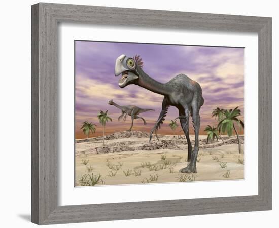 Two Gigantoraptor Dinosaurs Walking in the Desert-null-Framed Art Print