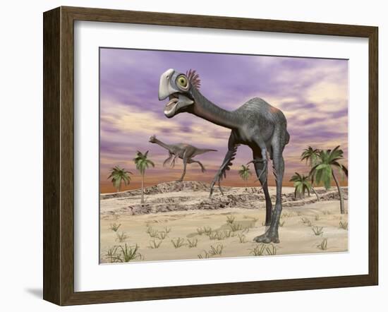 Two Gigantoraptor Dinosaurs Walking in the Desert-null-Framed Art Print