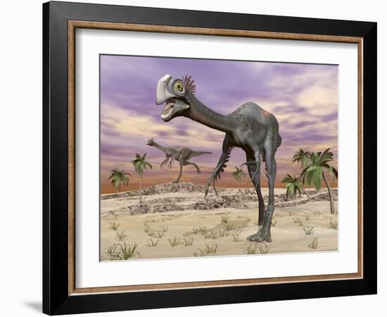 Two Gigantoraptor Dinosaurs Walking in the Desert-null-Framed Art Print